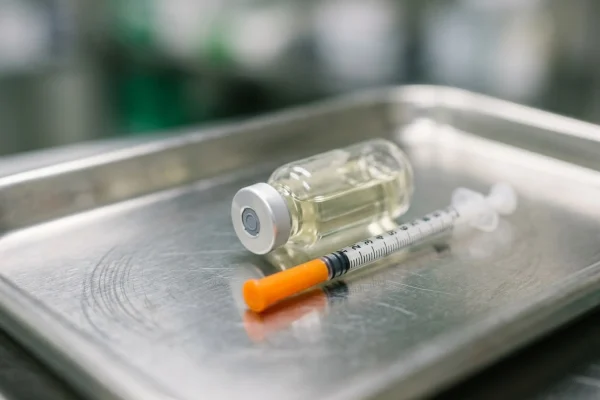 Compounded sermorelin vial and syringe prepared for a subcutaneous injection