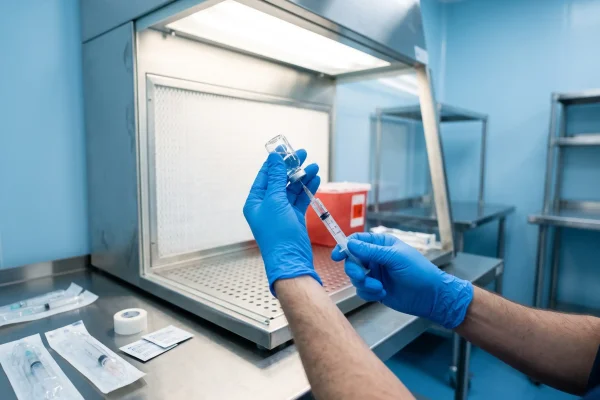 Compounding pharmacist drawing a human grade peptide dose inside a sterile cleanroom