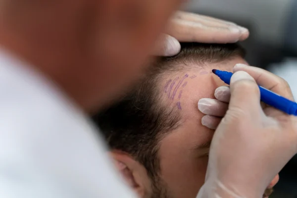 Cosmetic surgeon marking the scalp of a patient during PRP treatment