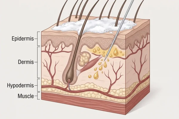 Cross-section showing PRP below the scalp surface and shampoo above it