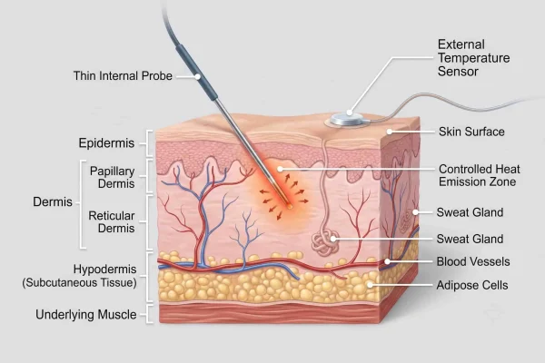 Diagram of FaceTite radiofrequency assisted lipolysis tightening tissue beneath the skin