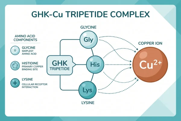 Diagram of GHK-Cu copper peptide structure and copper ion