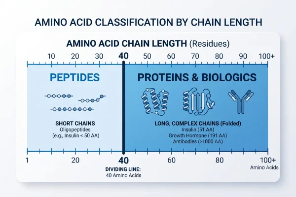 Diagram of the FDA 40-amino-acid line that separates peptides from proteins and biologics