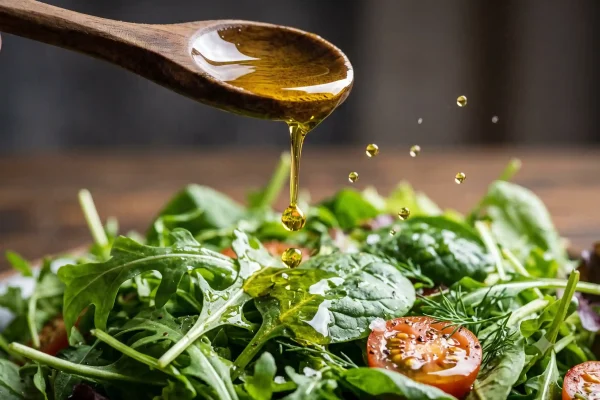 Extra virgin olive oil drizzled over salad, a fat that helps fight skin aging