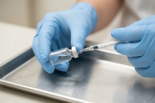 Gloved clinician drawing a peptide injection dose from a sterile pharmacy vial