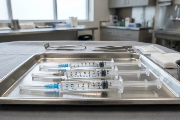 Hyaluronic acid dermal filler syringes prepared on a sterile clinical tray