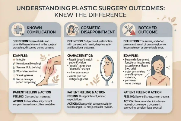 Infographic separating known complications from true botched plastic surgery outcomes