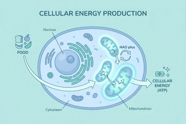 Infographic showing how NAD+ powers energy production inside human cells