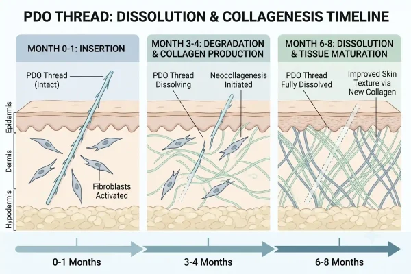 Infographic showing how PDO thread dissolves and stimulates collagen over months