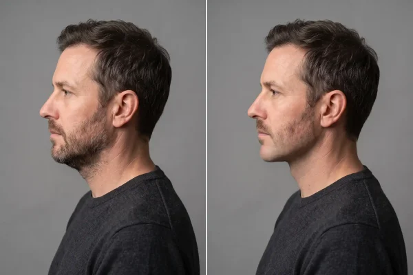 Jawline filler at day two compared with the same jawline at four weeks