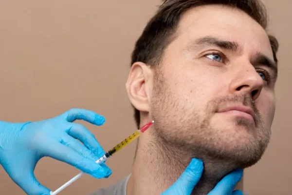 Man being injected with the best type of jawline filler