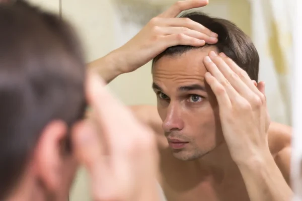 Man checking his hairline and thinking of getting PRP injections