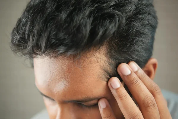 Man touching his scalp suspecting hair loss and thinking of getting PRP