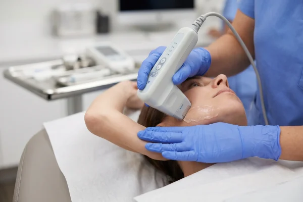 Microfocused ultrasound treating skin laxity along the jawline for skin tightening