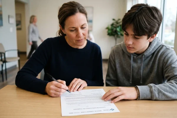Parent and teen reviewing parental consent forms before plastic surgery