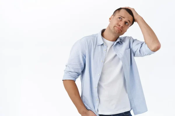 Pensive man wondering about the chance of having failed plastic surgeries