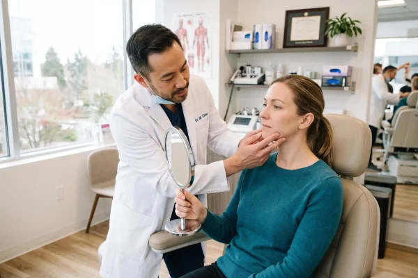 Physician assessing a patient's jowls during a jawline consultation