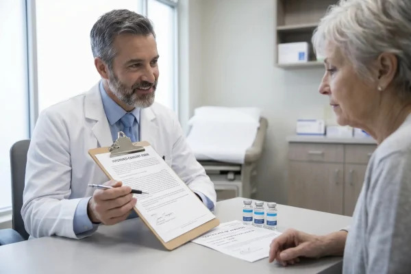 Physician reviewing peptide consultation paperwork with a patient at a clinic