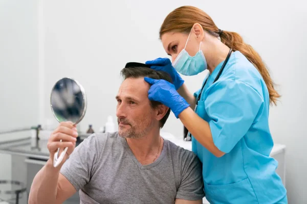 Plastic surgeon assessing a scalp of a patient before PRP treatment