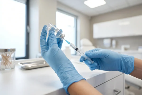 Provider preparing a KPV peptide injection at a regenerative medicine clinic
