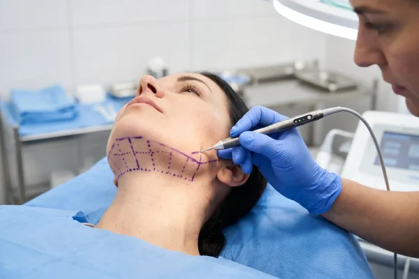 Radiofrequency FaceTite probe treating the jawline under the skin