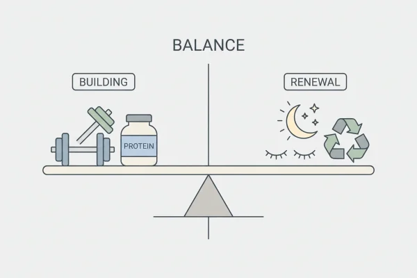Seesaw diagram showing how peptide therapy fits between building and renewal