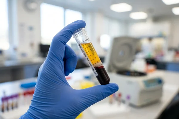 Separated platelet-rich plasma in a tube prepared for a PRP facial