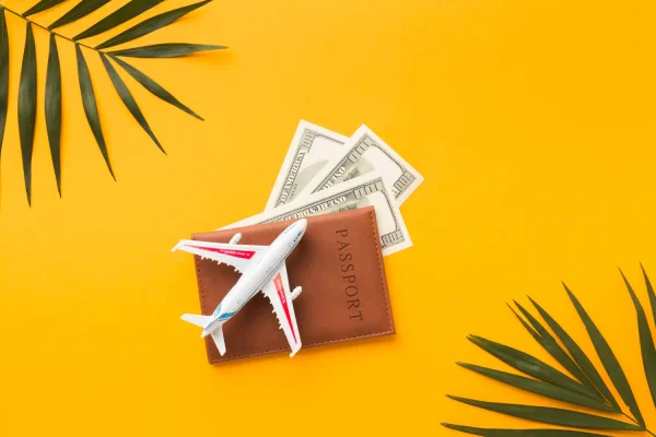 Shot of a passport pocket money and plane of a person prepping to fly after FaceTite recovery