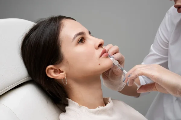 Side view of a woman receiving jawline fillers