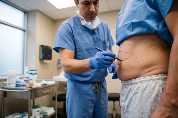 Surgeon marking V-line sculpting guides on a standing patient