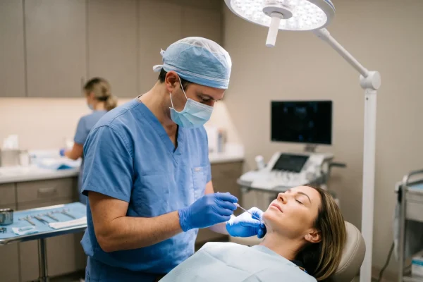Surgeon performing neck liposuction in a clinic