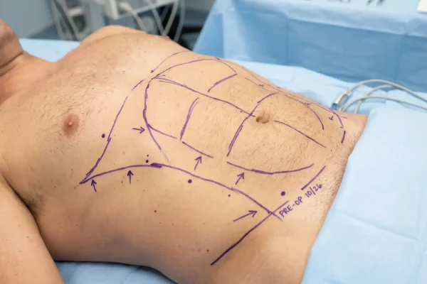 Surgical markings mapping high def liposuction etching lines on a stomach