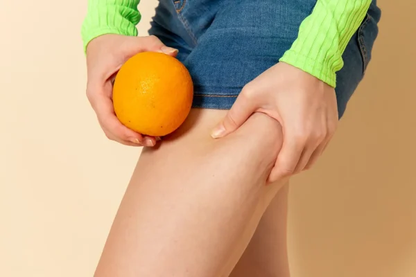Woman comparing her leg cellulites with an orange fruit before liposuction