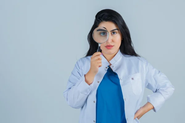 Woman holding a magnifying glass and learning the differences between HD lipo and VASER HD lipo
