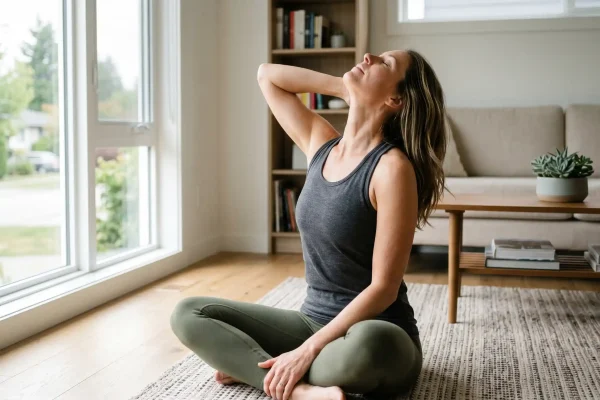 Woman performing platysma neck exercise to slightly tone facial muscles around jowls