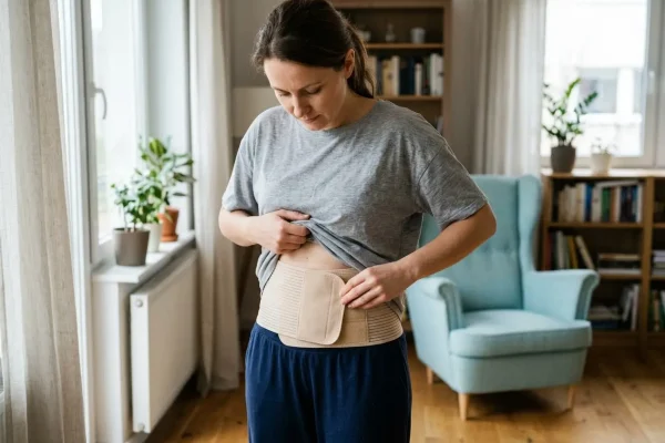 Adult wearing an abdominal compression garment during tummy tuck incision recovery