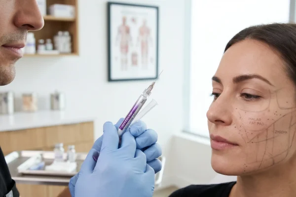 Aesthetic provider preparing dermal filler injection to restore cheek volume and reduce jowls