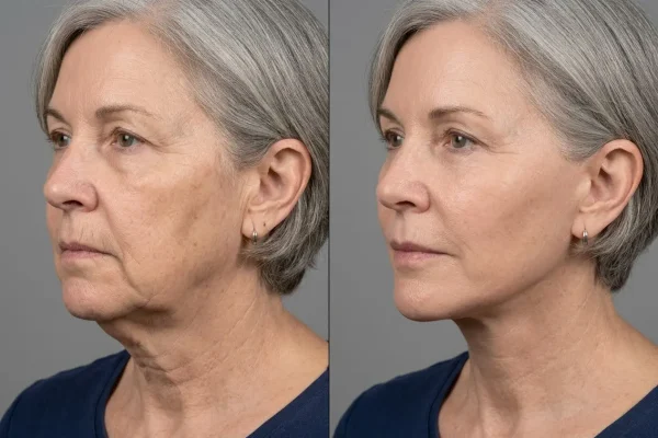 Before and after comparison of a facelift result for sagging jowls