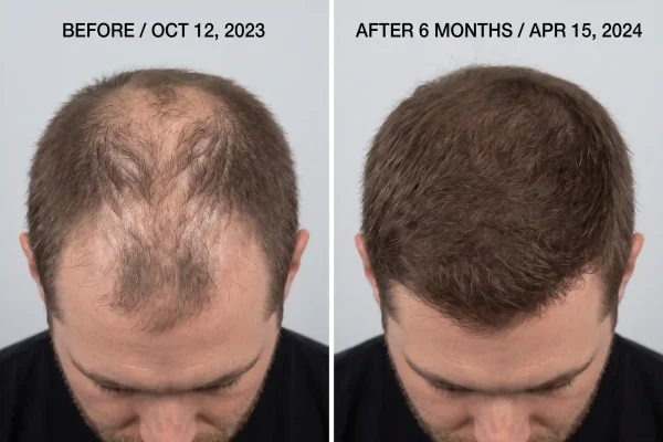 Before and after scalp showing denser hair from PRP reactivation