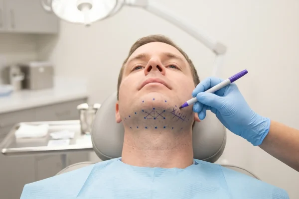 Clinician marking injection sites under a patients chin