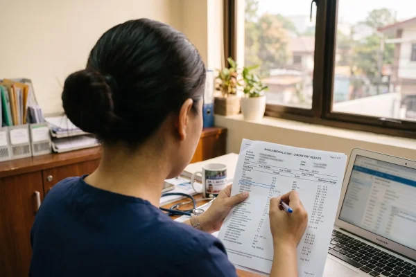 Clinician reviewing a printed lab report while monitoring a patient on peptide therapy
