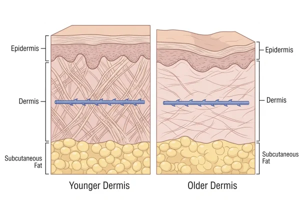 Cross-section illustration of a barbed PDO thread in younger versus older dermis