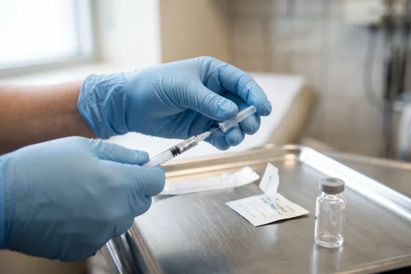 Fine gauge syringe prepared for a jaw muscle injection in a clinical setting
