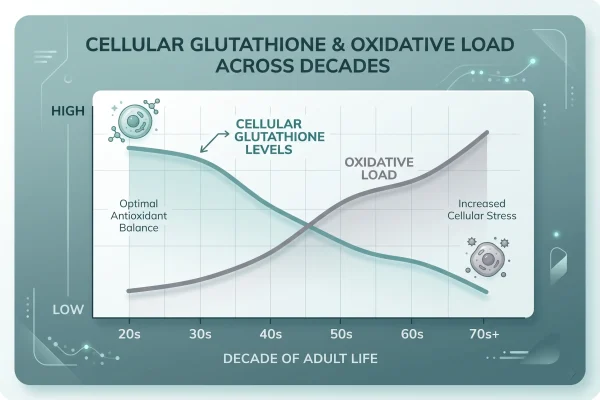 Graph showing glutathione levels declining with age as oxidative load rises