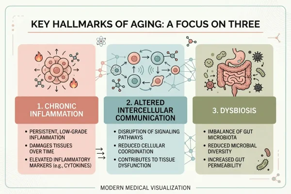 Hallmarks of aging that KPV addresses, including chronic inflammation and dysbiosis