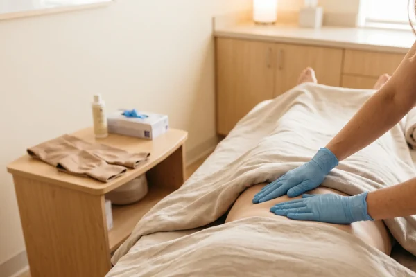 Lymphatic drainage treatment reducing flank swelling after tummy tuck surgery