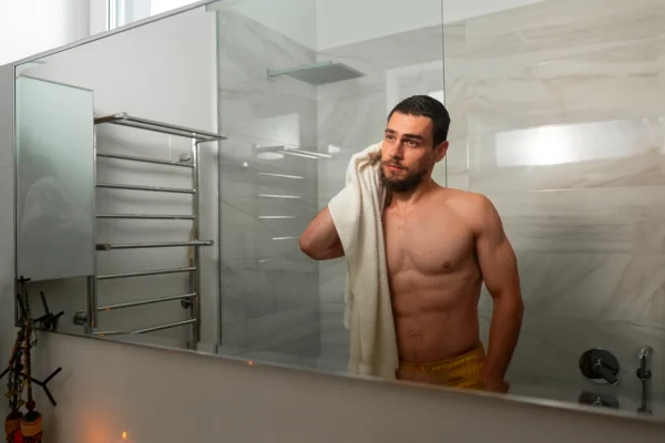 Man drying his body with towel after taking a shower during tummy tuck recovery