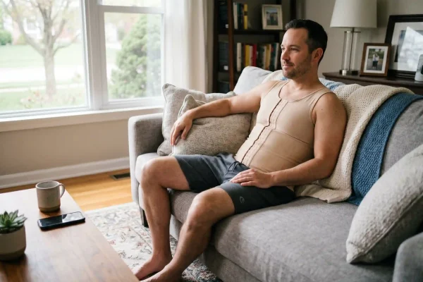 Man in a compression garment while his stomach heals and swelling goes down after lipo