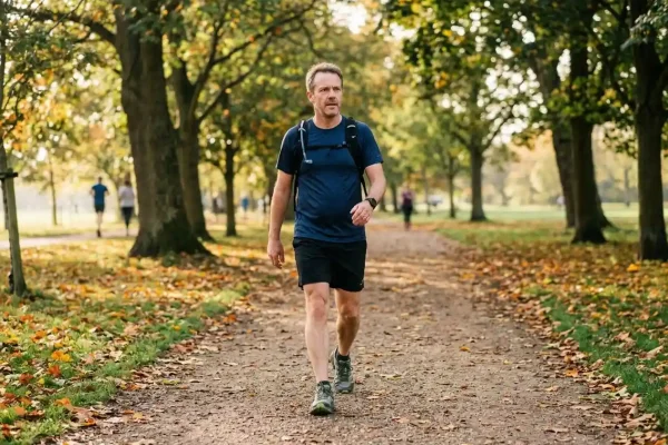 Man walking outdoors as daily exercise to maintain neck liposuction results