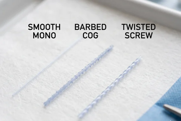 Mono, cog, and screw PDO thread types shown side by side
